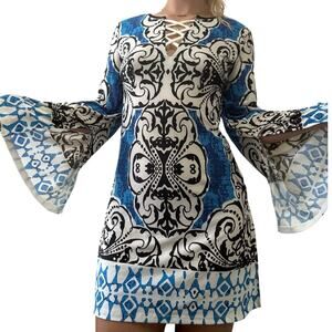 VENUS Blue & White Bell Sleeve Printed Tunic Dress XS Boho Lace-Up Bell Sleeves